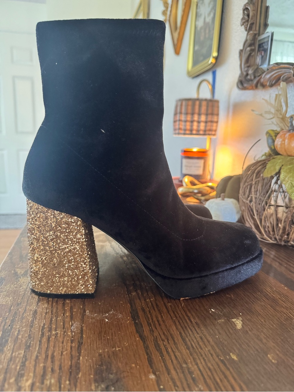 Betsey Johnson Black Velvet Ankle Boots with Gold Glitter Block Heel